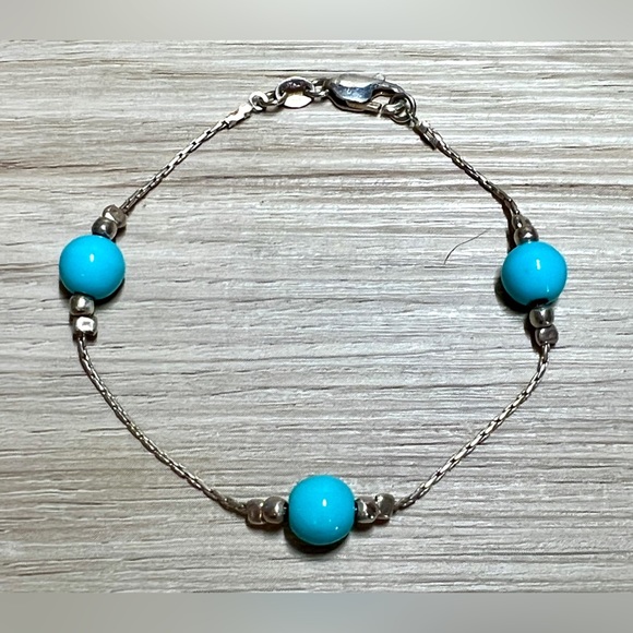 Vintage Sterling Silver ITALY Turquoise Boston Link Chain Bracelet, 7", 2.5g - Picture 3 of 5